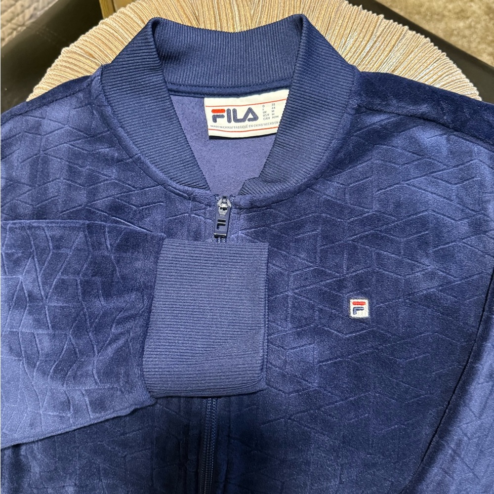 EUC Womens FILA Navy Blue Velour Track Suit Med Jacket & Lrg Pant